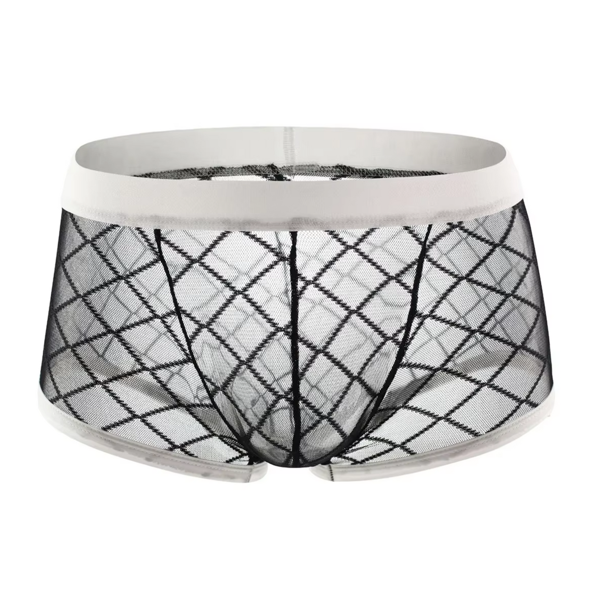 Heren Boxershort Transparant - Boxer Doorzichtig Zwart met Witte Band - Sexy Transparant Design met Ruitmotief - Mannen Onderbroek - Lingerie Voor Mannen - Ondergoed Maat L