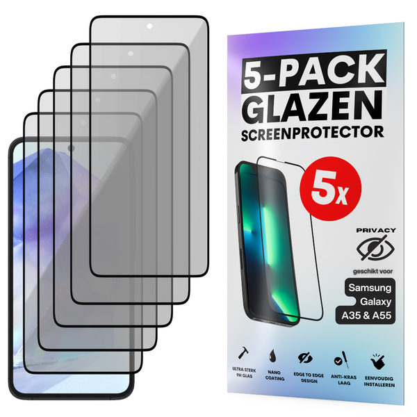 Privacy Screenprotector - Geschikt voor Samsung Galaxy A35 / A55 - Gehard Glas - Full Cover Tempered Privacy Glass - Case Friendly - 5 Pack