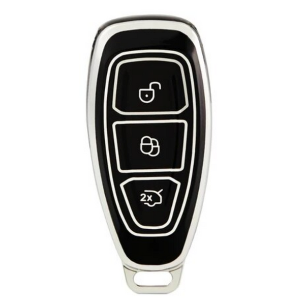 Zachte TPU Sleutelcover - Geschikt voor Ford Focus / Fiesta / Kuga / Fusion / Mondeo / Ecosport / ST - Zwart Zilver Metallic - Sleutel Hoesje Cover - Randen Zilver - Auto Accessoires