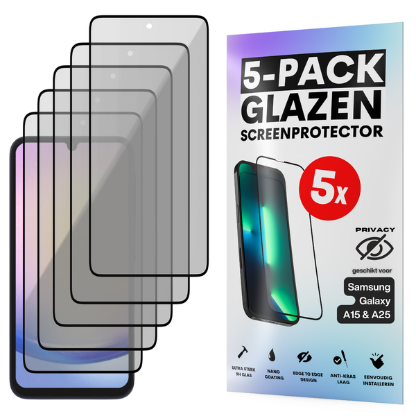 Privacy Screenprotector - Geschikt voor Samsung Galaxy A15 / A25 - Gehard Glas - Full Cover Tempered Privacy Glass - Case Friendly - 5 Pack