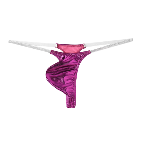 Heren Glanzende G-String – Donkerroze - Sexy Roze Pouch Ondergoed - Mini String - Smalle Zilveren Bandjes - Lage Taille & Hoge Elasticiteit – Ondergoed / Onderbroek / Slip - Mannen Lingerie - One Size