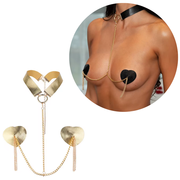 Sexy Tepel Covers voor Vrouwen - Hartvormige Nipple Covers met Choker en Ketting - Verleidelijke Tepelstickers - Tepelplakkers - Goud - One Size