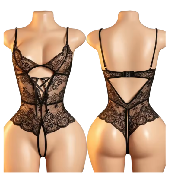 Sexy Zwarte Kanten Bodysuit - Body Met Open Kruis - Dames Lingerie - Pakje Van Kant - Vrouwen Ondergoed - Verstelbare Bandjes - One Size