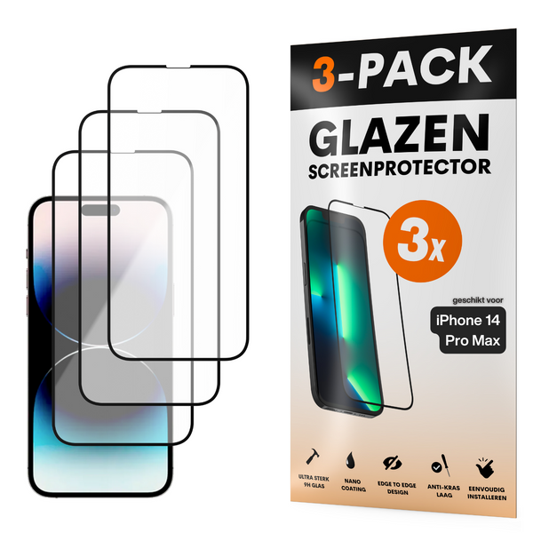 Screenprotector - Geschikt voor iPhone 14 Pro Max - Gehard Glas - Full Cover Tempered Glass - Case Friendly - 3 Pack