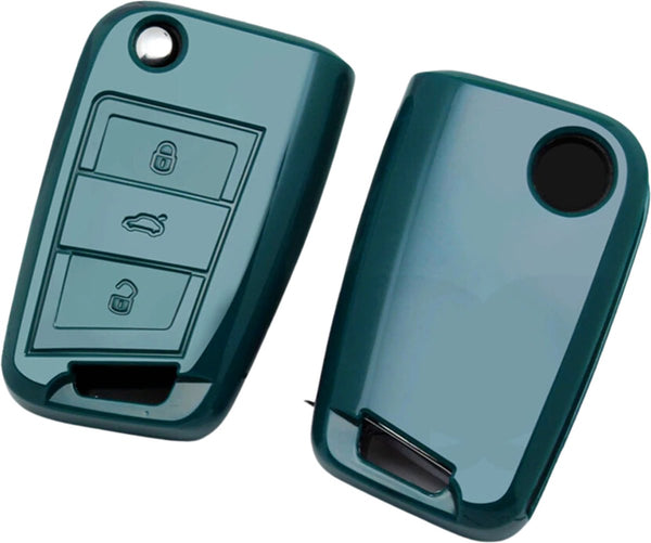 Zachte TPU Sleutelcover - High Gloss Groen - Stevig en Stootvast - Sleutelhoesje Geschikt voor Volkswagen Polo / Golf / 2014 - 2021 / Seat Leon / Seat Ibiza / Golf GTI / Golf R / Golf 7 / Skoda - Sleutel Hoesje Cover - Auto Accessoires