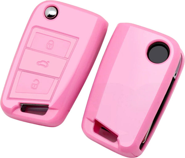 Zachte TPU Sleutelcover - High Gloss Roze - Stevig en Stootvast - Sleutelhoesje Geschikt voor Volkswagen Polo / Golf / 2014 - 2021 / Seat Leon / Seat Ibiza / Golf GTI / Golf R / Golf 7 / Skoda - Sleutel Hoesje Cover - Auto Accessoires