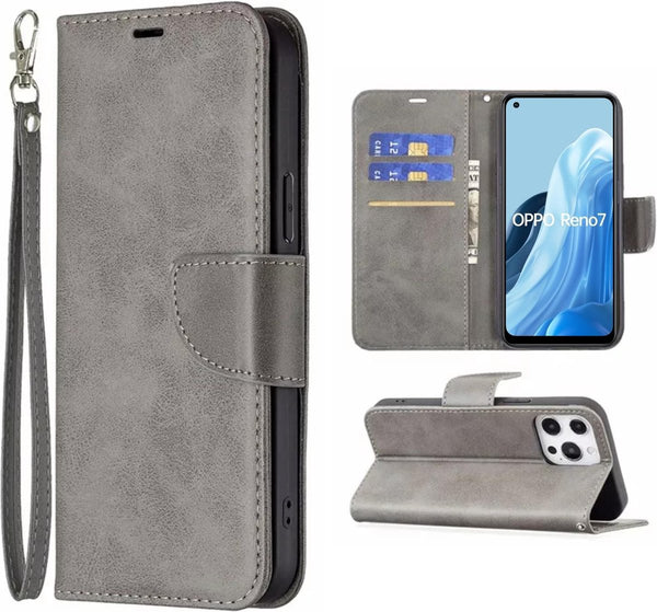 [EOL] Hoesje Grijs - Geschikt voor OPPO Reno 7 4G - Portemonnee Book Case - Boekje Met Kaarthouder / Pasjeshouder en Magneetsluiting - Booklet - Wallet Beschermhoes Kunstleer