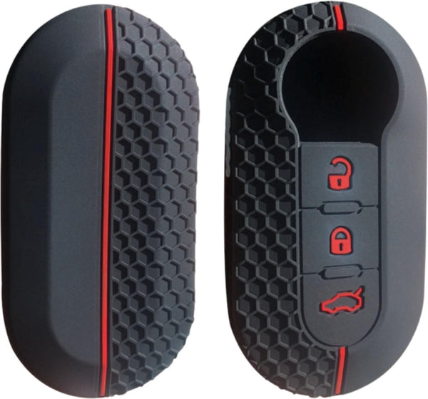 Siliconen Sleutelcover SPORT - Rode Details - Zwart Sleutelhoesje Geschikt voor Fiat 500 / 500L / 500X / 500C / Panda / Punto / Stilo - Sleutel Hoesje Keycover - Auto Accessoires
