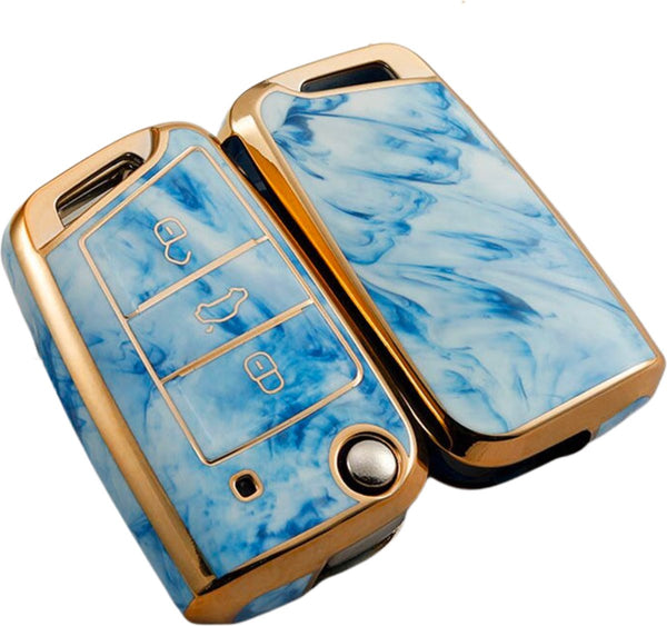 Zachte TPU Sleutelcover - Marmer Blauw Goud - Sleutelhoesje Geschikt voor Volkswagen Polo / Golf / 2014 - 2021 / Seat Leon / Seat Ibiza / Golf GTI / Golf R / Golf 7 / Skoda - Sleutel Hoesje Cover - Auto Accessoires