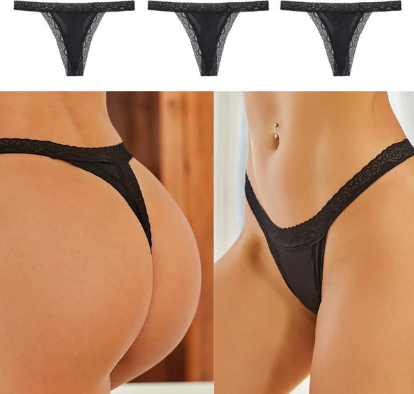 [EOL] 3 Pack - Dunne Dames String - Sexy Design met Kant - 3x Zwart - Dames Lingerie / Ondergoed Set - Maat XL