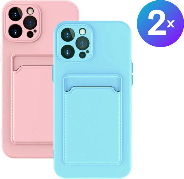 Set van 2 Hoesjes - Geschikt voor Apple iPhone 14 Pro Max - Stevig TPU Hoesje - Met Kaarthouder - Lichtblauw & Roze - Shockproof Case met Pasjeshouder - TPU Hoes Met Vakje Voor Pasje - Card Case Back Cover