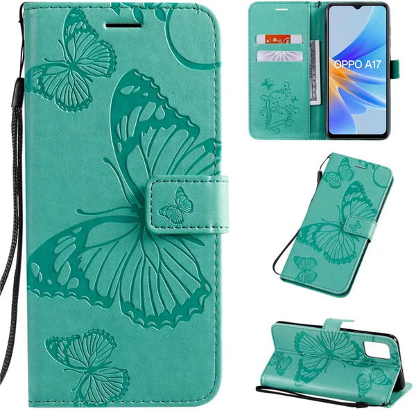 Hoesje Vlinders Groen - Geschikt voor OPPO A17 - Portemonnee Book Case - Boekje Met Kaarthouder / Pasjeshouder en Magneetsluiting - Booklet Beschermhoes - Boekhoesje met Draagkoord