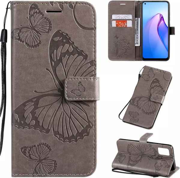 [EOL] Hoesje Vlinders Grijs - Geschikt voor OPPO Reno 8 Lite - Portemonnee Book Case - OPPO Reno8 Lite Boekje Met Kaarthouder / Pasjeshouder en Magneetsluiting - Booklet Beschermhoes