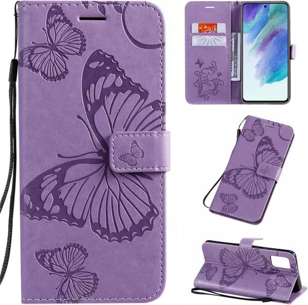 Hoesje Vlinders Paars - Geschikt voor Samsung Galaxy S21 FE - Portemonnee Book Case - Boekje Met Kaarthouder / Pasjeshouder en Magneetsluiting - Booklet - Wallet Beschermhoes Kunstleer - Voor S21FE