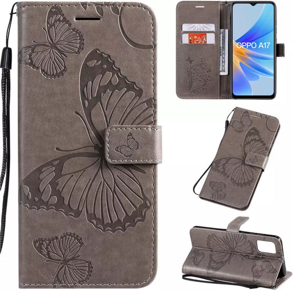 Hoesje Vlinders Grijs - Geschikt voor OPPO A17 - Portemonnee Book Case - Boekje Met Kaarthouder / Pasjeshouder en Magneetsluiting - Booklet Beschermhoes - Boekhoesje met Draagkoord