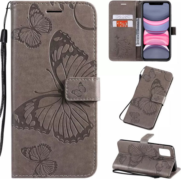 Hoesje Vlinders Grijs - Geschikt voor Apple iPhone 11 - Portemonnee Book Case - Boekje Met Kaarthouder / Pasjeshouder en Magneetsluiting - Booklet Beschermhoes - Boekhoesje met Draagkoord