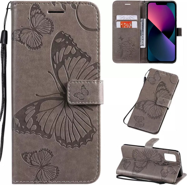 Hoesje Vlinders Grijs - geschikt voor Apple iPhone 13 / 14 - Portemonnee Book Case - Boekje Met Kaarthouder / Pasjeshouder en Magneetsluiting - Booklet Beschermhoes - Boekhoesje met Draagkoord