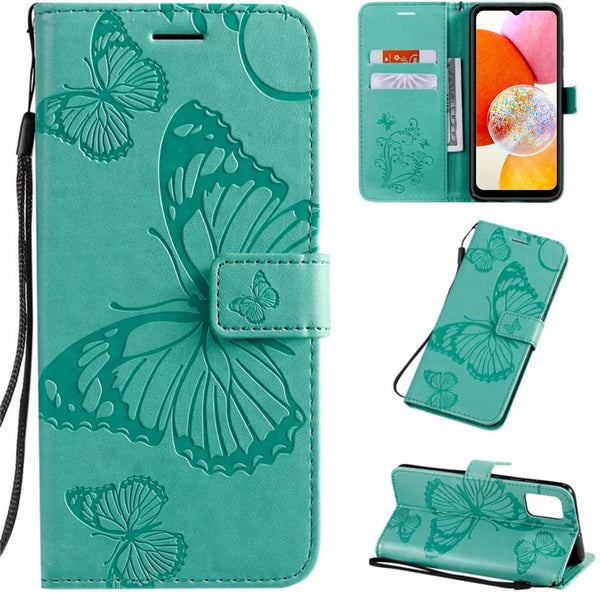 Hoesje Vlinders Groen - Geschikt voor Samsung Galaxy A14 - Portemonnee Book Case - Boekje Met Kaarthouder / Pasjeshouder en Magneetsluiting - Booklet - Wallet Beschermhoes - Telefoonhoesje