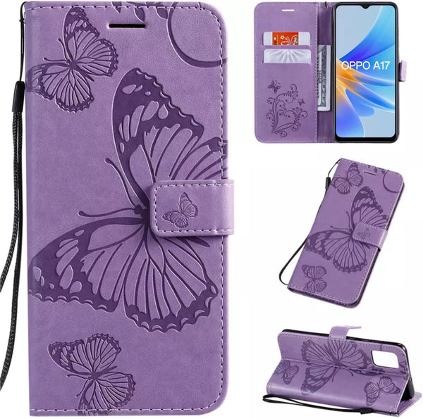Hoesje Vlinders Paars - Geschikt voor OPPO A17  - Portemonnee Book Case - Boekje Met Kaarthouder / Pasjeshouder en Magneetsluiting - Booklet Beschermhoes - Boekhoesje met Draagkoord