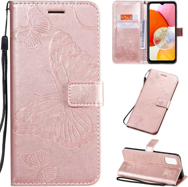 Hoesje Vlinders Roze - Geschikt voor Samsung Galaxy A14 - Portemonnee Book Case - Boekje Met Kaarthouder / Pasjeshouder en Magneetsluiting - Booklet - Wallet Beschermhoes - Telefoonhoesje