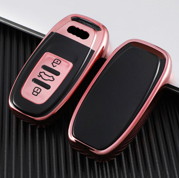 Zachte TPU Sleutelcover - Sleutelhoesje Geschikt voor Audi A1 / A3 / / A4 / A5 / A6 / A7 / A8 / Q3 / Q5 / Q7 / S5 / S6 - Metallic Roze met Zwart - Sleutel Hoesje Cover - Auto Accessoires
