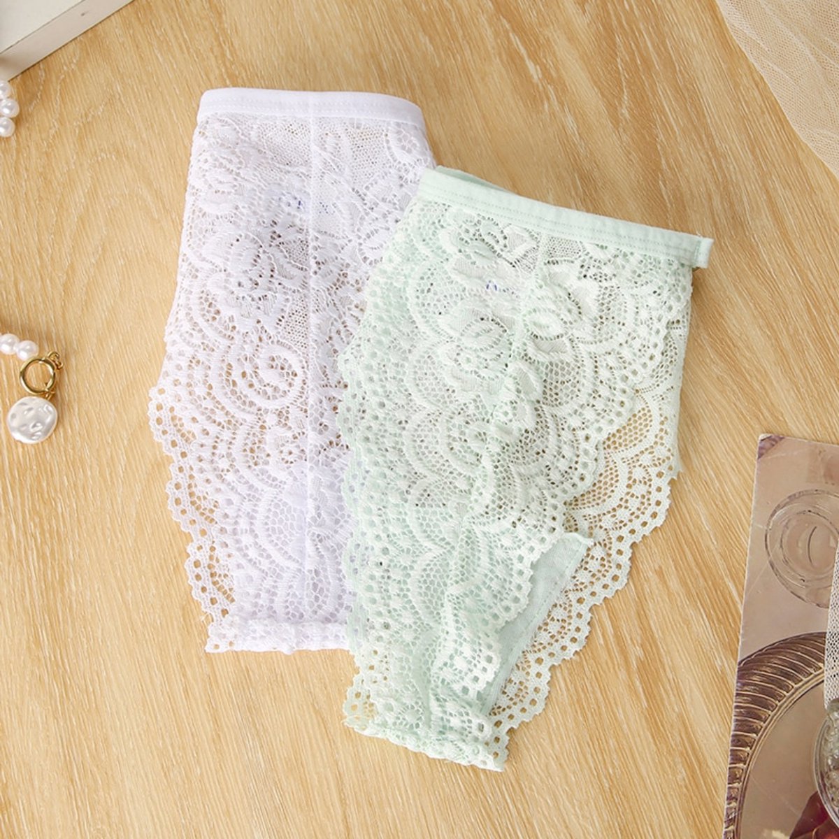 Luxe Dames String met Kant - 2 Stuks - Wit & Mintgroen - Intieme Lingerie Dames / Ondergoed Set Vrouw - High Waist - Maat M