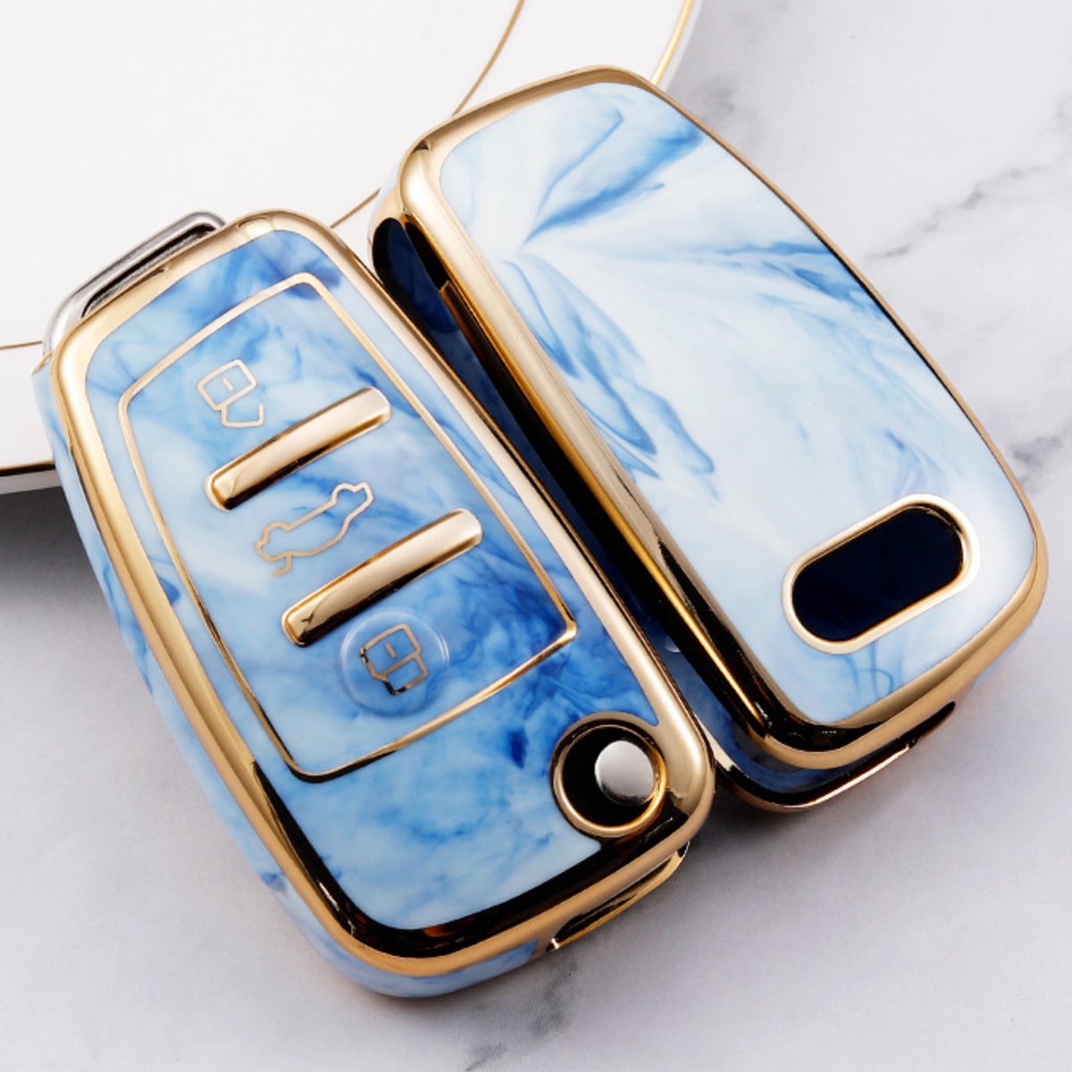 Zachte TPU Sleutelcover - Sleutelhoesje Geschikt voor Audi A1 / A3 / A5 / A6 / Q3 / Q5 / S3 / S5 / RS - Marmer Blauw Goud - Sleutel Hoesje Cover - Auto Accessoires