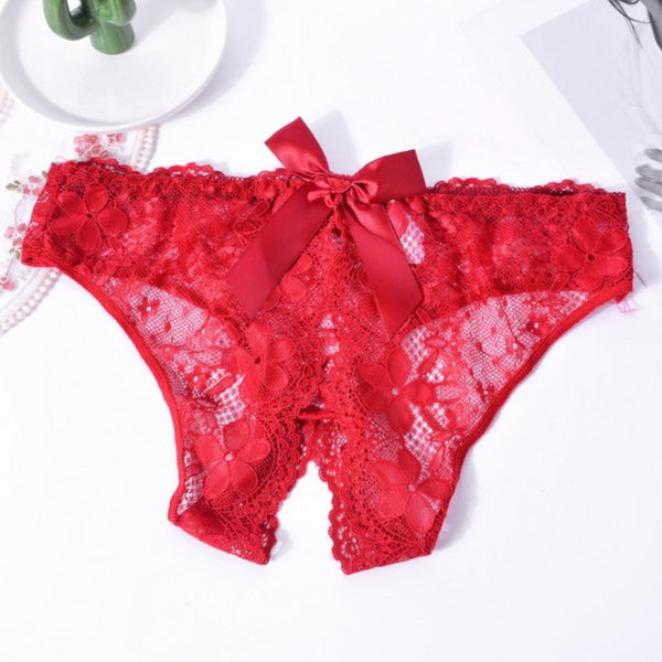 Sexy Slip met Kant - Open Kruis - Rood Kant - Erotisch Design met Bloemen en Strik - One Size String - Dames Onderbroek - Lingerie / Ondergoed
