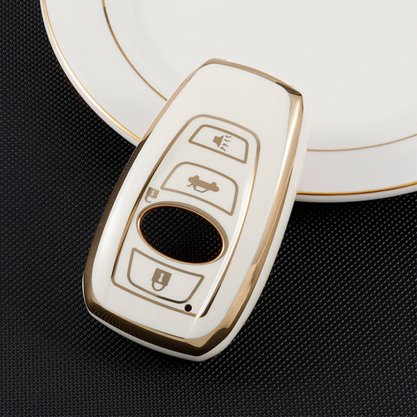 [EOL] Zachte TPU Sleutelcover Wit - Gouden Randen - Sleutelhoesje Geschikt voor Subaru Forester / Legacy / Outback - Sleutel Hoesje Cover - Auto Accessoires