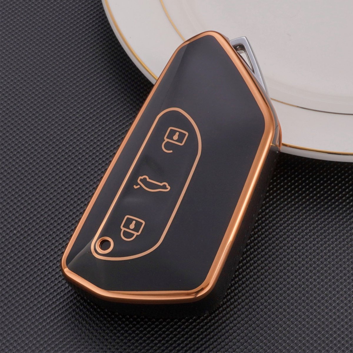 Zachte TPU Sleutelcover - Zwart Goud Metallic - Sleutelhoesje Geschikt voor Volkswagen Golf 8 / ID3 / ID4 / ID5 / ID6 / Seat Leon 2020 / Skoda Octavia 2021 - Sleutel Hoesje Cover - Randen Goud - Auto Accessoires