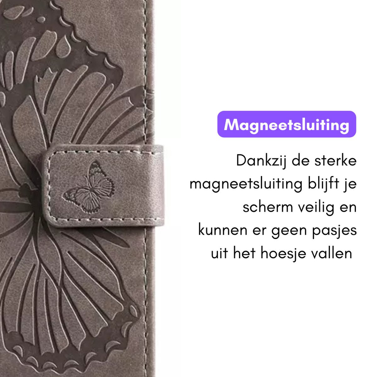 Hoesje Vlinders Grijs - Geschikt voor Samsung Galaxy A15 - Portemonnee Book Case - Boekje Met Kaarthouder / Pasjeshouder en Magneetsluiting - Booklet Beschermhoes - Boekhoesje met Draagkoord