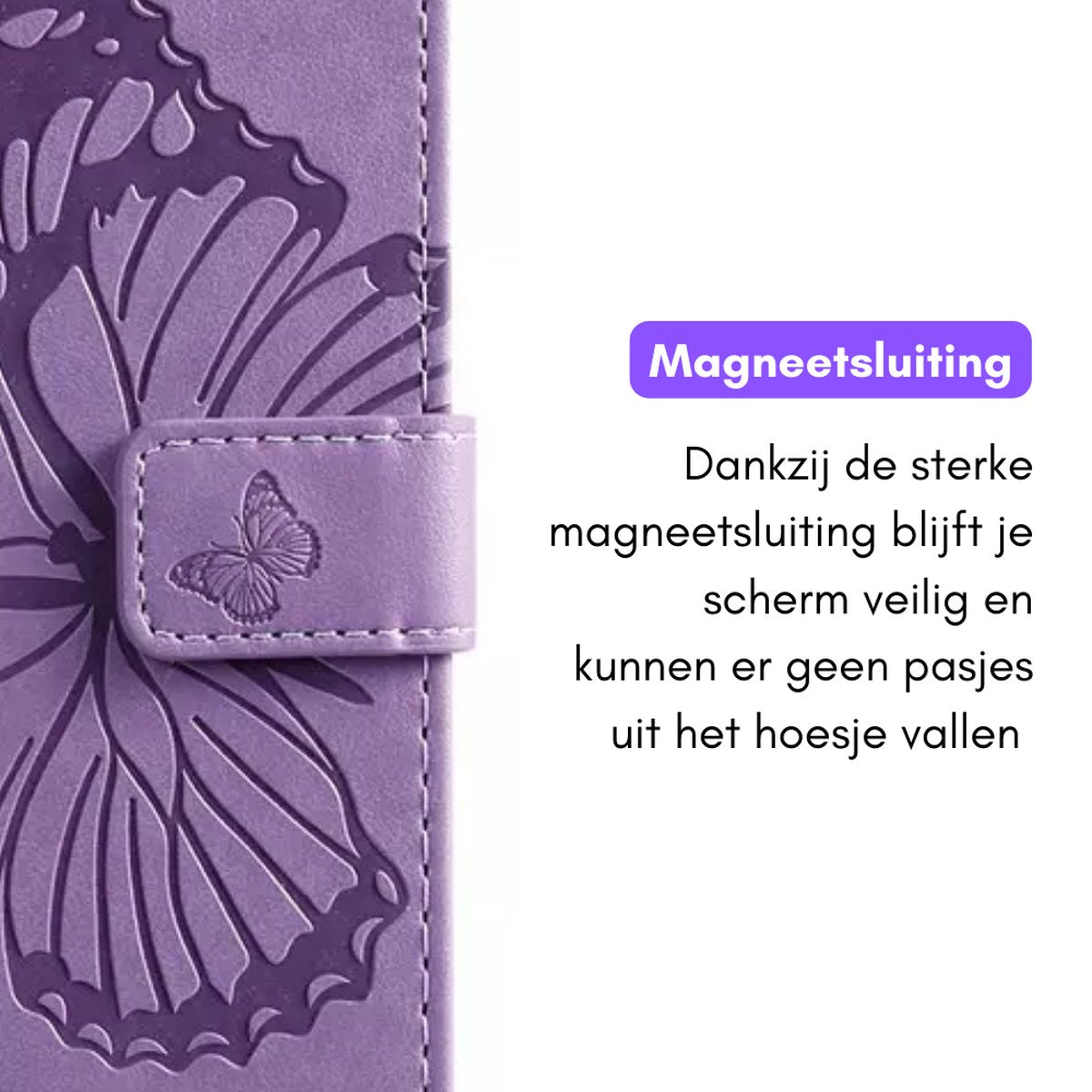 Hoesje Vlinders Paars - Geschikt voor Samsung Galaxy A35 - Portemonnee Book Case - Boekje Met Kaarthouder / Pasjeshouder en Magneetsluiting - Booklet Beschermhoes - Boekhoesje met Draagkoord