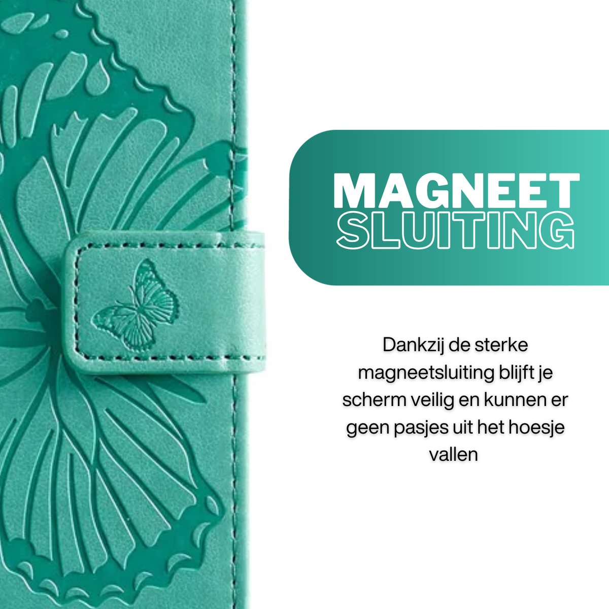 Hoesje Vlinders Groen - Geschikt voor Apple iPhone 15 Plus / 15+ - Portemonnee Book Case - Boekje Met Kaarthouder / Pasjeshouder en Magneetsluiting - Booklet Beschermhoes - Boekhoesje met Draagkoord