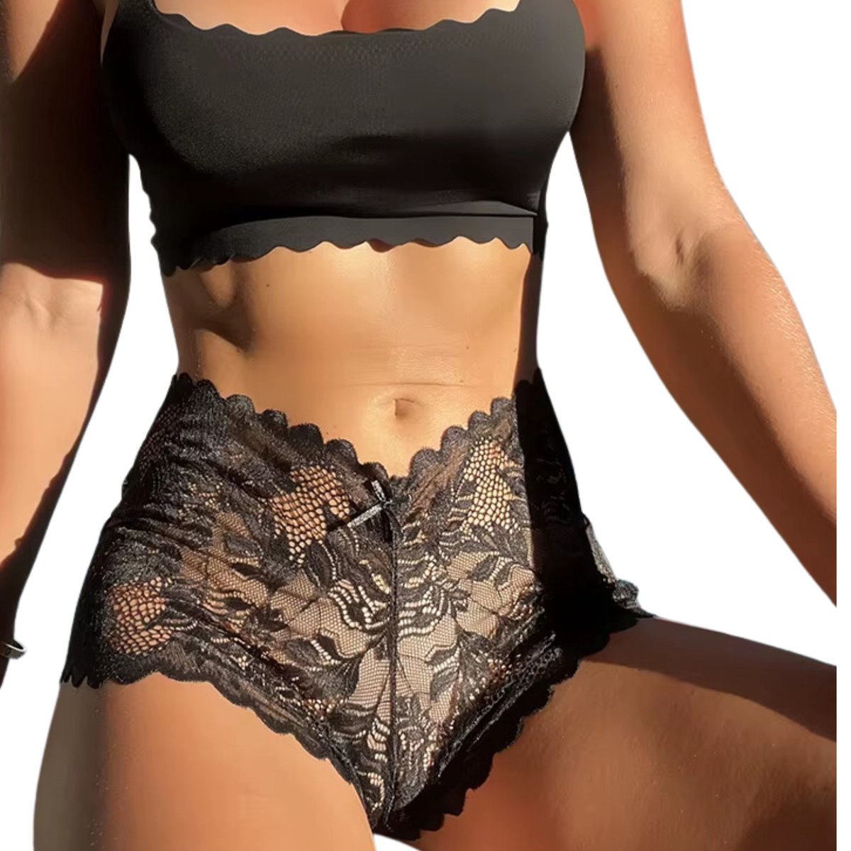 2 Pack - Dames Slip Kant High Waist - Zwart en Rood - Sexy Onderbroek Doorzichtig - Dames Lingerie / Ondergoed Set - String - Maat L