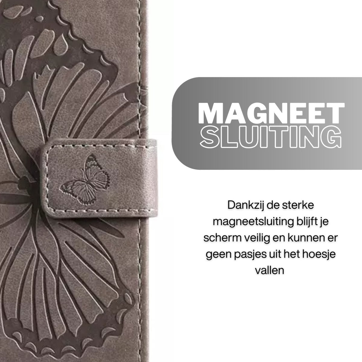 Hoesje Vlinders Grijs - Geschikt voor Apple iPhone 15  - Portemonnee Book Case - Boekje Met Kaarthouder / Pasjeshouder en Magneetsluiting - Booklet Beschermhoes - Boekhoesje met Draagkoord