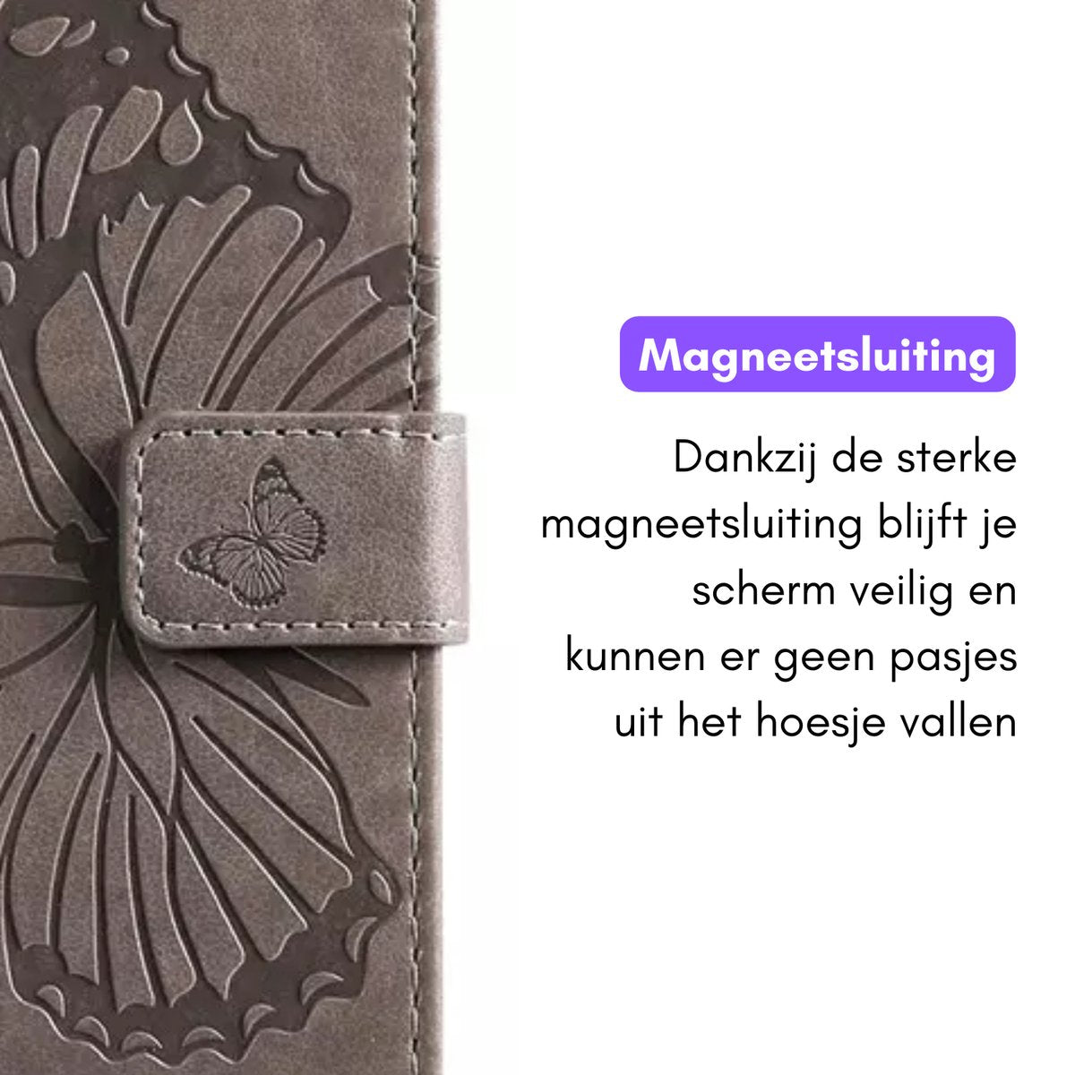 Hoesje Vlinders Grijs geschikt voor OPPO A79 5G - Portemonnee Book Case - Boekje Met Kaarthouder / Pasjeshouder en Magneetsluiting - Booklet - Wallet Beschermhoes - Telefoonhoesje