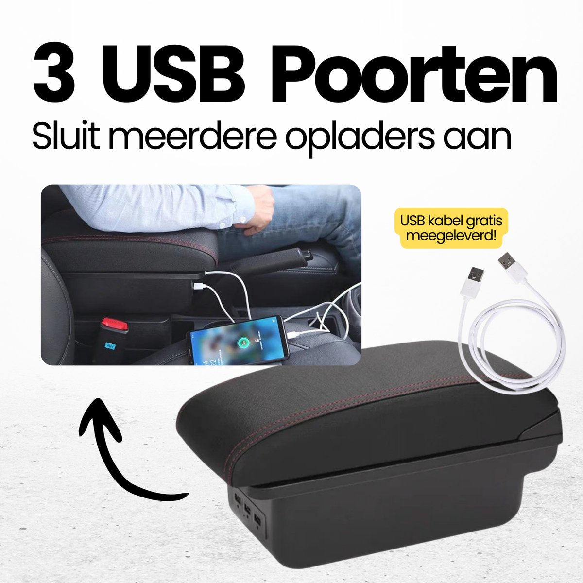 Multifunctionele Armsteun - Geschikt voor Toyota Aygo, Peugeot 107 en Citroen C1 (2005-2014) - 3 USB Aansluitingen - Opbergvakken - Past in Bekerhouder