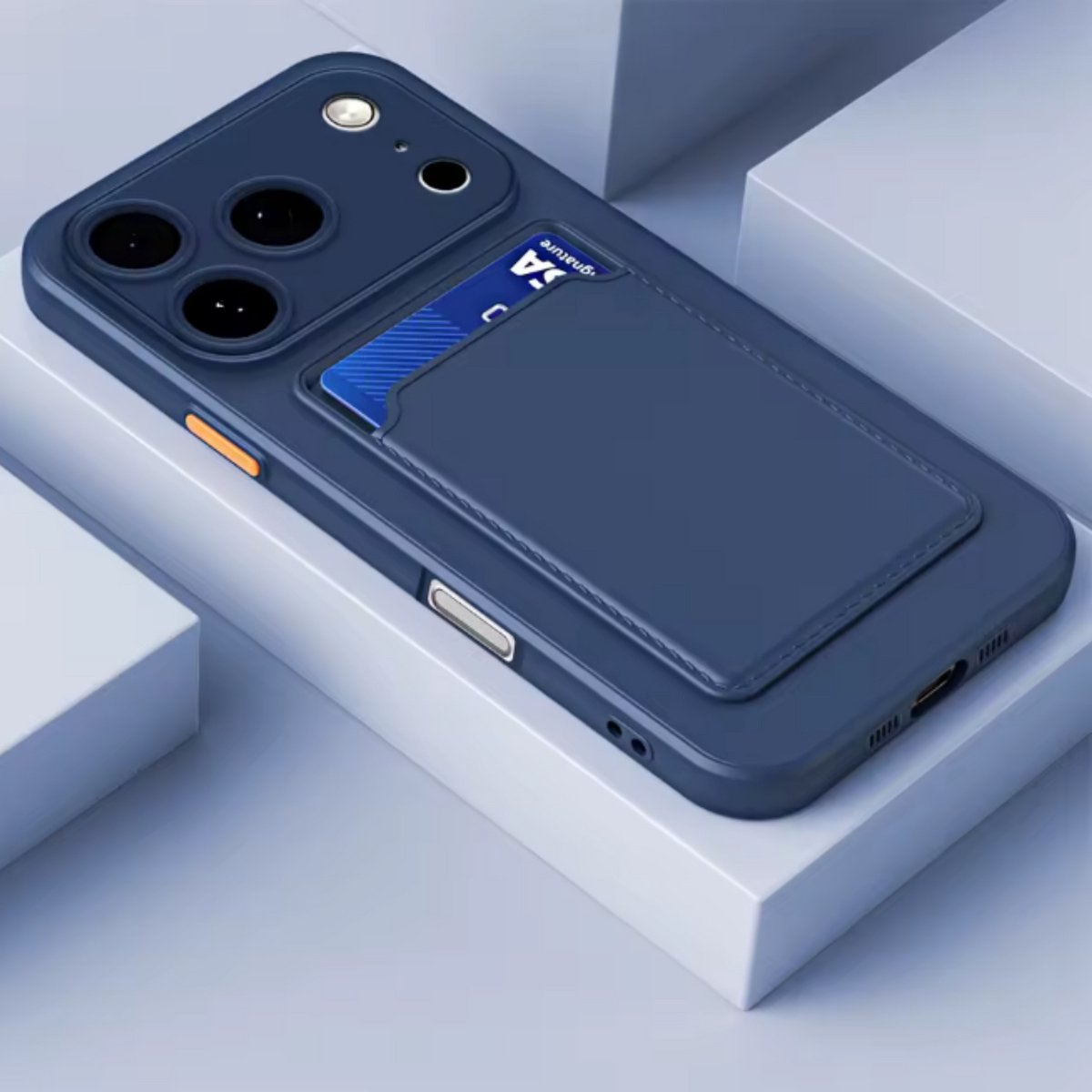 Hoesje Geschikt voor Apple iPhone 17 Pro - Stevig TPU - Met Kaarthouder - Donkerblauw - Shockproof Case met Pasjeshouder - TPU Hoes Met Vakje Voor Pasje - Card Case Back Cover
