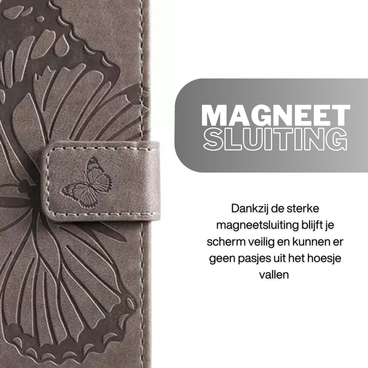 Hoesje Vlinders Grijs - Geschikt voor OPPO A78 5G - Portemonnee Book Case - Boekje Met Kaarthouder / Pasjeshouder en Magneetsluiting - Booklet Beschermhoes - Boekhoesje met Draagkoord