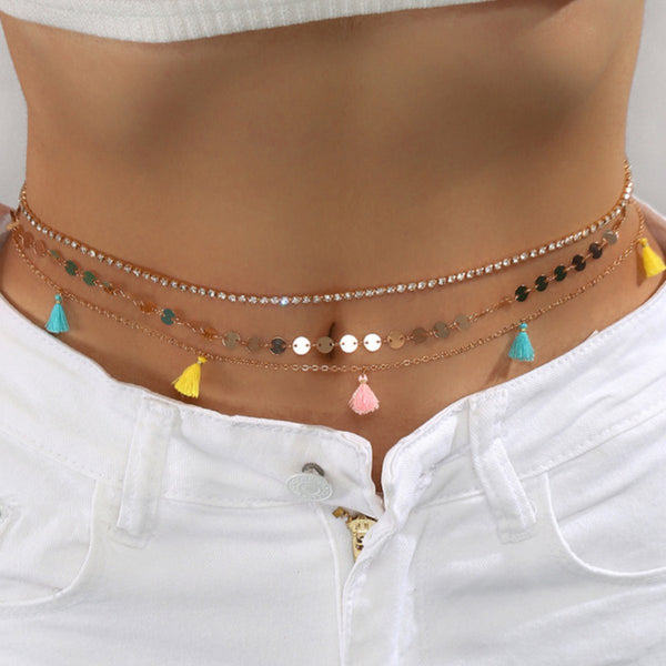 Belly Chain - Goud met Gekleurde Flosjes - Buikketting Goudkleurig - Zomerse Tailleketting - Heupketting Dames - Dubbele Buik Ketting
