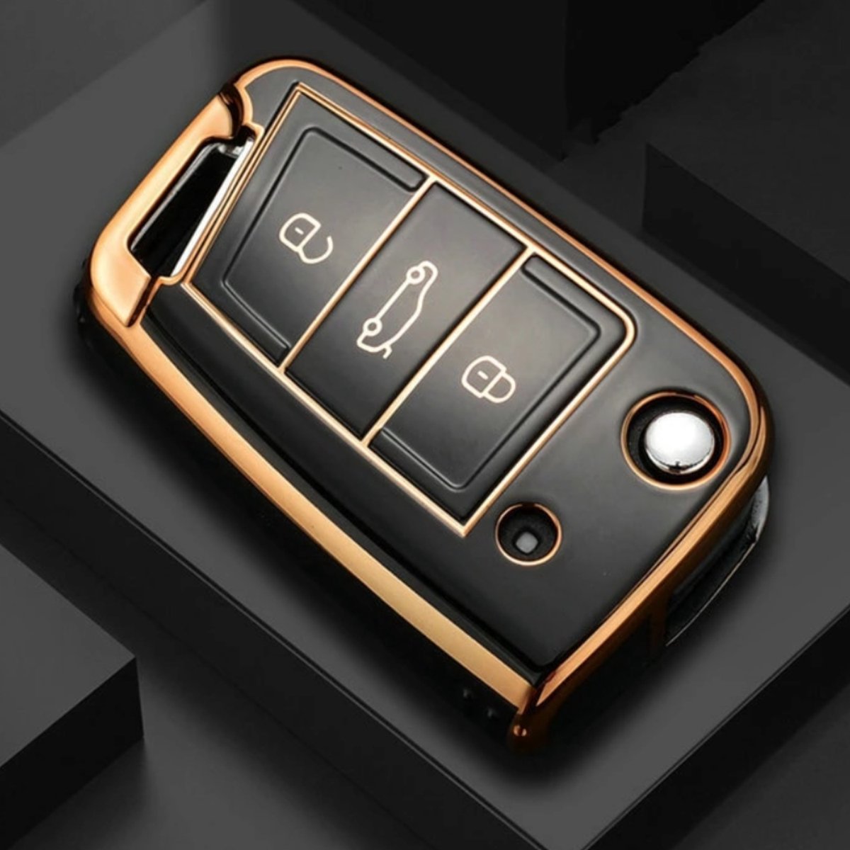 Zachte TPU Sleutelcover - Zwart Metallic - Sleutelhoesje Geschikt voor Volkswagen Golf / Tiguan - Seat Leon / Ateca / Ibiza - Skoda Kodiaq / Octavia / Karoq - Sleutel Hoesje Cover - Randen Goud - Auto Accessoires