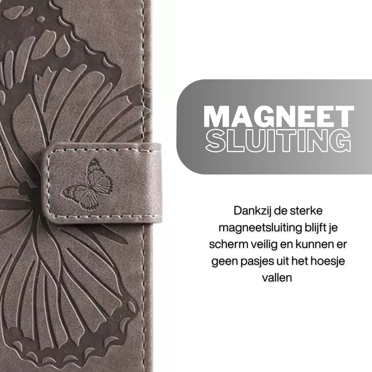 [EOL] Hoesje Vlinders Grijs - Geschikt voor OPPO A38  - Portemonnee Book Case - Boekje Met Kaarthouder / Pasjeshouder en Magneetsluiting - Booklet Beschermhoes - Boekhoesje met Draagkoord