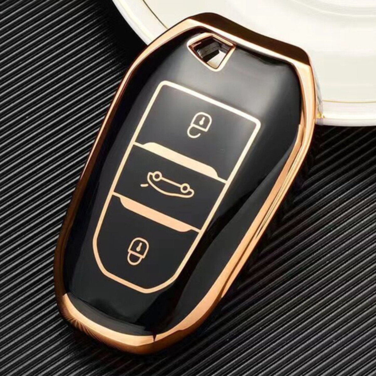 Zachte TPU Sleutelcover - Geschikt voor Peugeot / DS - Zwart Goud Metallic - Sleutel Hoesje Cover Geschikt voor Peugeot 3008 / 308 / 408 / 4008 / 508 / 5008 / 2008 / Citroën C4 / C5 / C6 / DS3 / DS4 / DS5 - Randen Goud - Auto Accessoires
