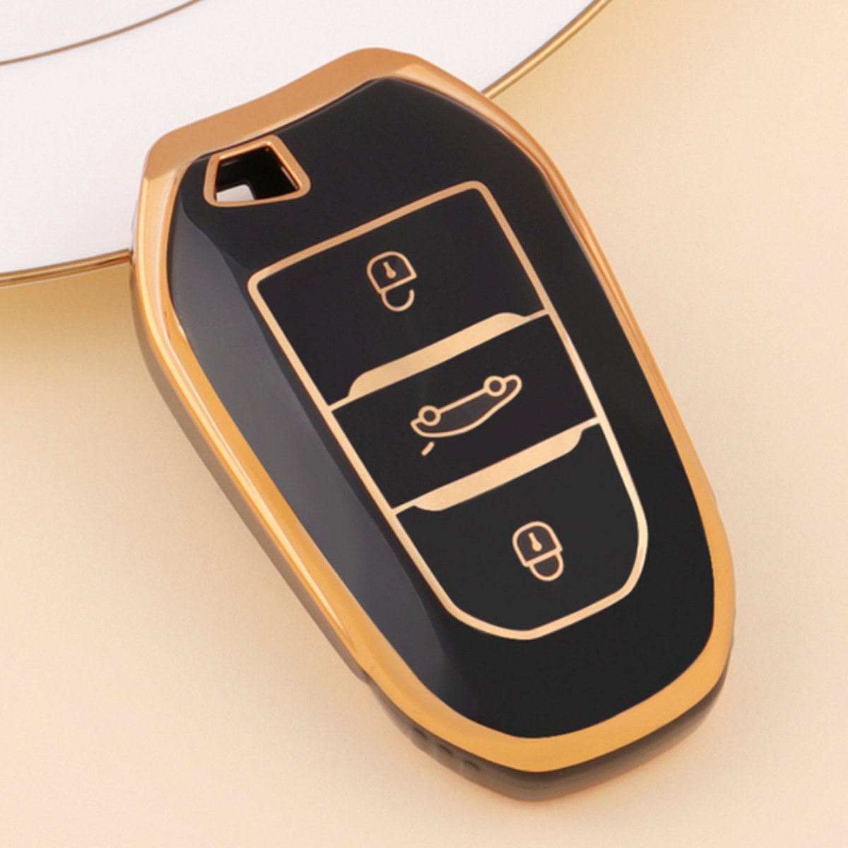 Zachte TPU Sleutelcover - Geschikt voor Peugeot / DS - Zwart Goud Metallic - Sleutel Hoesje Cover Geschikt voor Peugeot 3008 / 308 / 408 / 4008 / 508 / 5008 / 2008 / Citroën C4 / C5 / C6 / DS3 / DS4 / DS5 - Randen Goud - Auto Accessoires