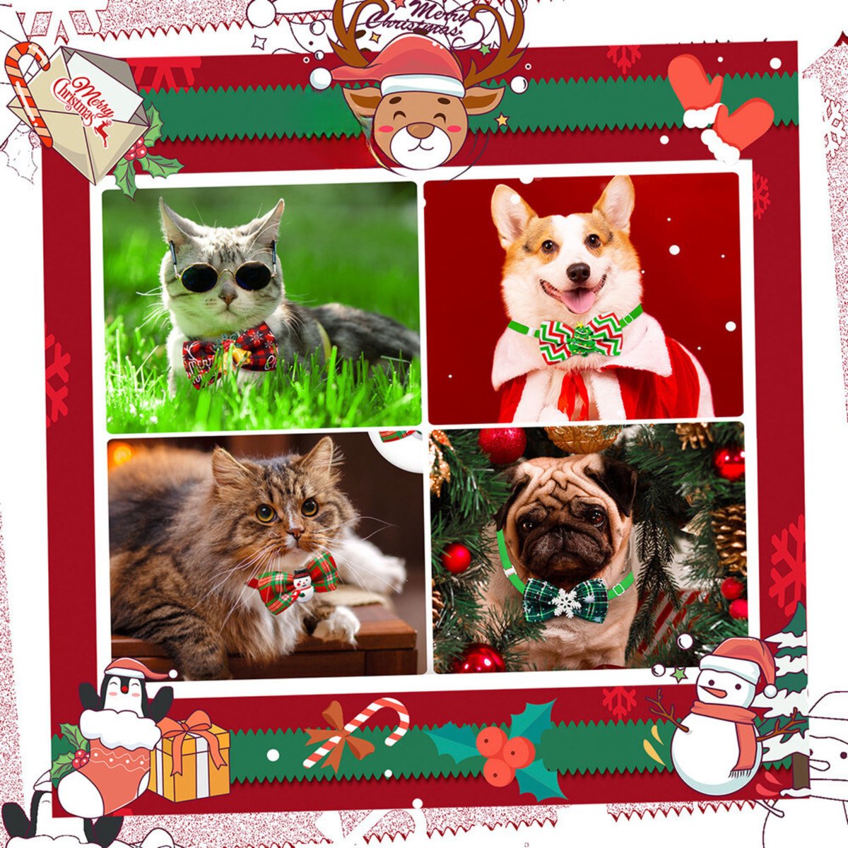 Kerst Halsbandje met Strik - Kleine Honden en Katten - Hond & Kat - 22 tot 37 CM - Winter Halsband - Strik & Klokken - Hondenkleding