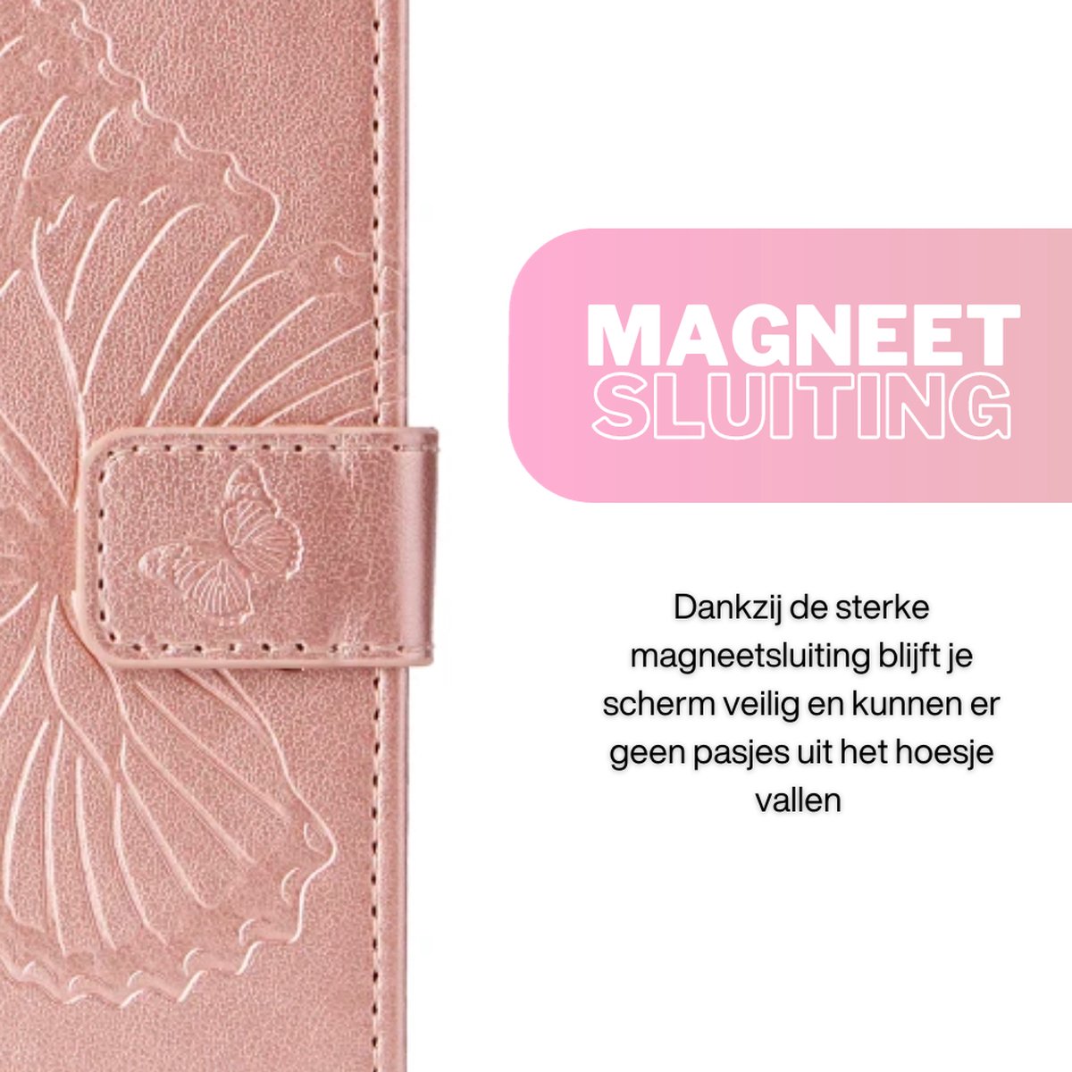 [EOL] Hoesje Vlinders Roze - Geschikt voor OPPO A38  - Portemonnee Book Case - Boekje Met Kaarthouder / Pasjeshouder en Magneetsluiting - Booklet Beschermhoes - Boekhoesje met Draagkoord