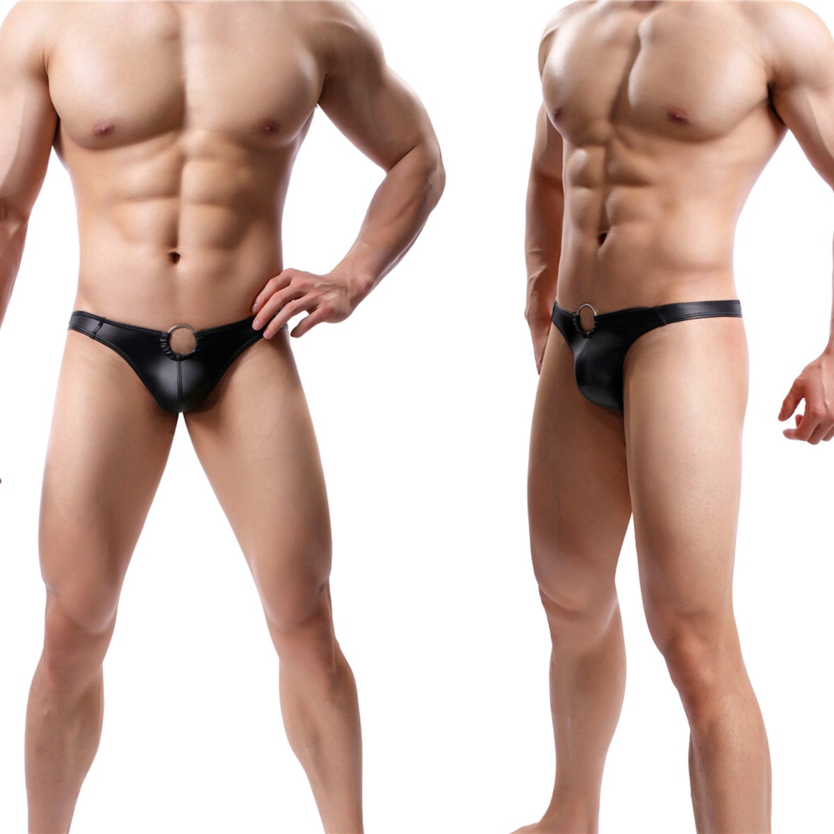 Heren Slip met Ring - Leder Look - String Zwart - Sexy Leder Design - One Size - Mannen String - Ondergoed Maat M