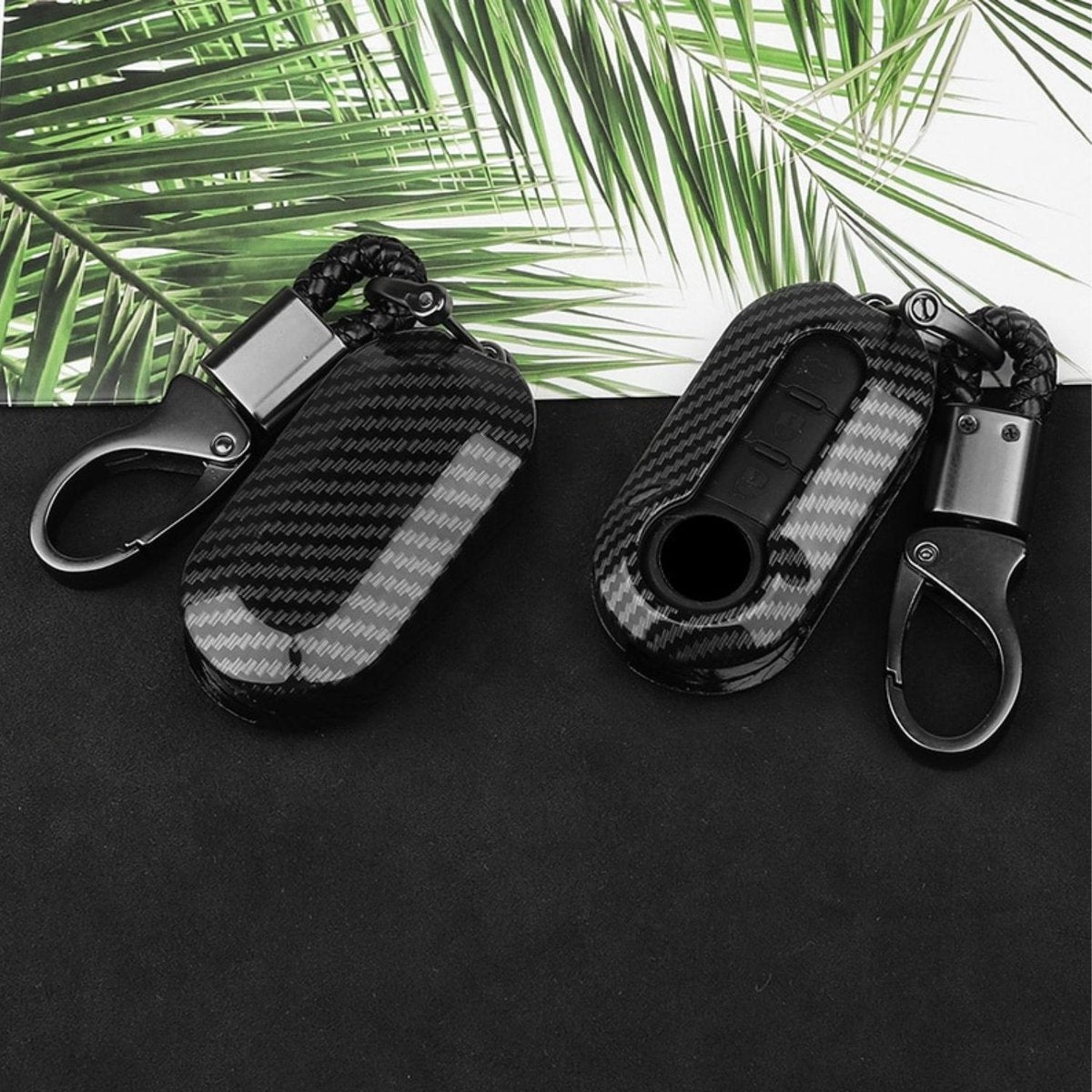 Premium Sleutelcover - Gloss Carbon Look - Sleutelhoesje Geschikt voor Fiat 500 / 500L / 500X / 500C / Panda / Punto / Stilo / Abarth / 595 - Sleutel Case met Sleutelhanger - Key Cover - Auto Accessoires