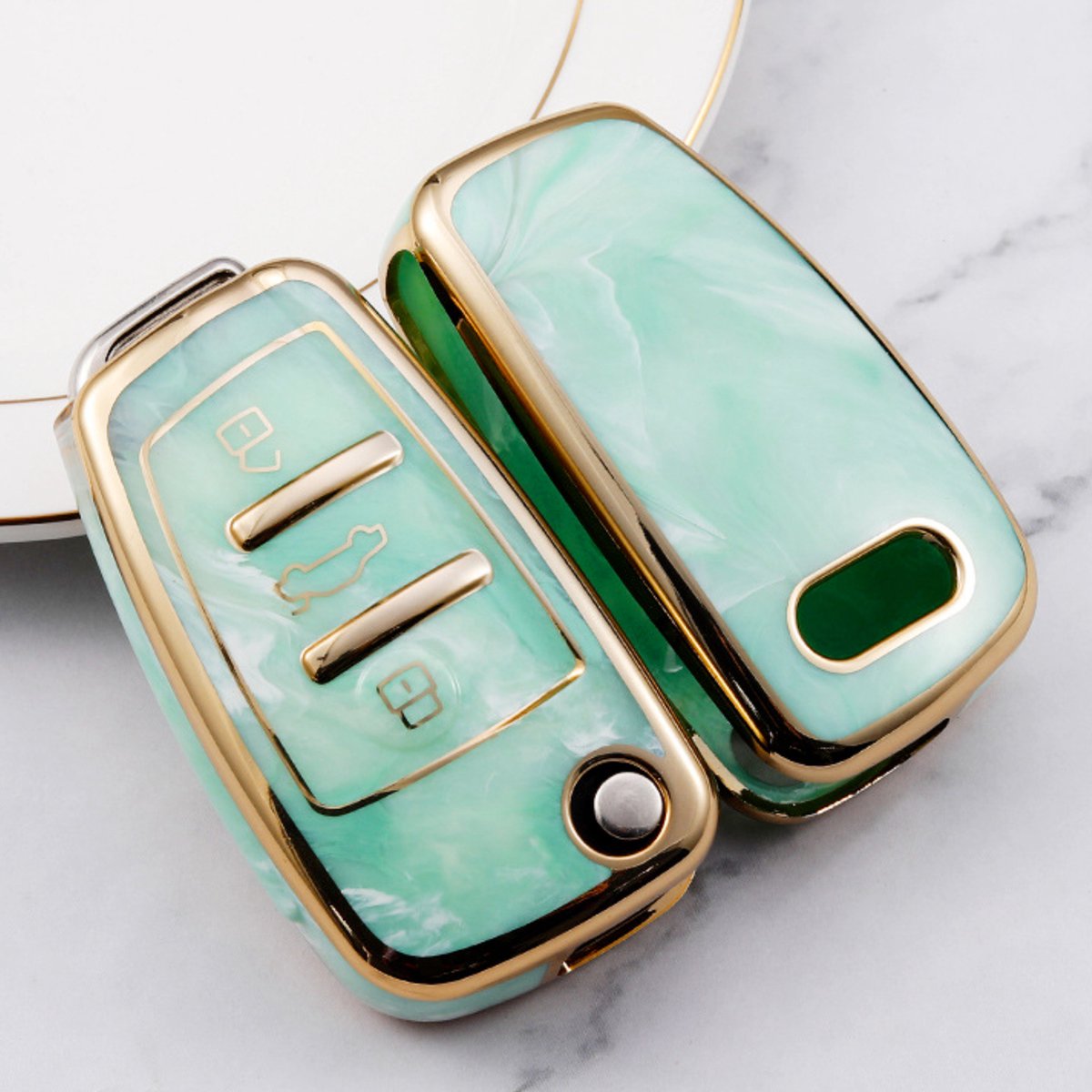 Zachte TPU Sleutelcover - Sleutelhoesje Geschikt voor Audi A1 / A3 / A5 / A6 / Q3 / Q5 / S3 / S5 / RS - Marmer Groen Goud - Sleutel Hoesje Cover - Auto Accessoires