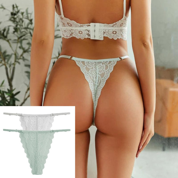 Luxe Dames String met Kant - 2 Stuks - Wit & Mintgroen - Intieme Lingerie Dames / Ondergoed Set Vrouw - High Waist - Maat M